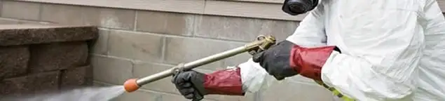 Pest control technician applying exterior insect treatment along a home foundation in Naperville, IL