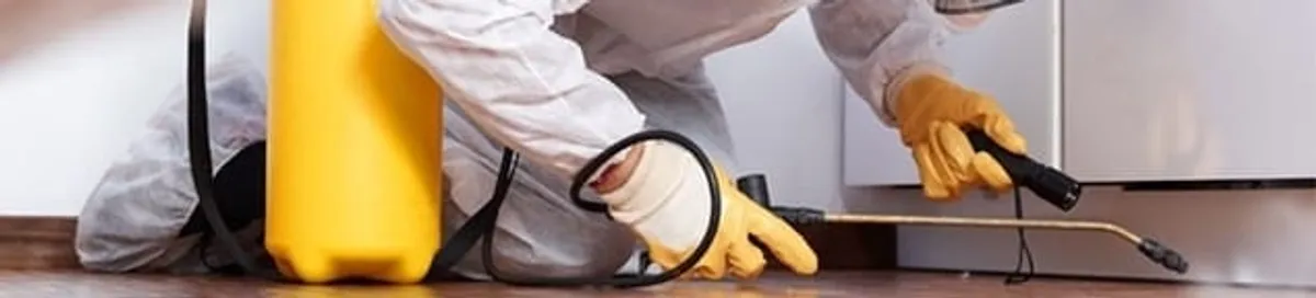 Roach exterminator treating cracks and crevices along kitchen baseboards in Naperville, IL
