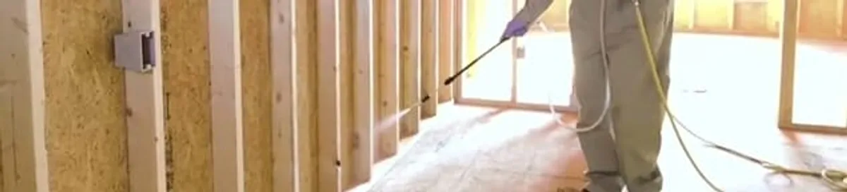Termite treatment technician applying spray along framing and unfinished walls in Naperville, IL