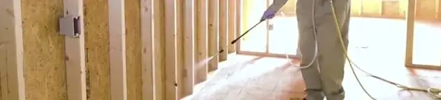 Termite treatment technician applying spray along framing and unfinished walls in Naperville, IL